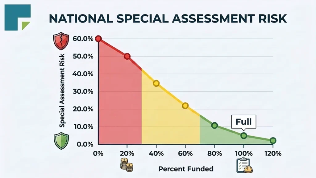 Infographic showing HOA Percent Funded from weak reserves under 30 percent to strong reserves at 70 percent or above and how they relate to special assessment risk