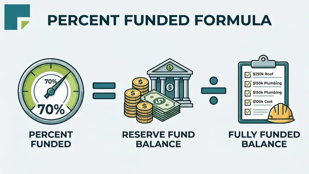 Infographic showing the Percent Funded formula for an HOA reserve study using Reserve Fund Balance divided by Fully Funded Balance