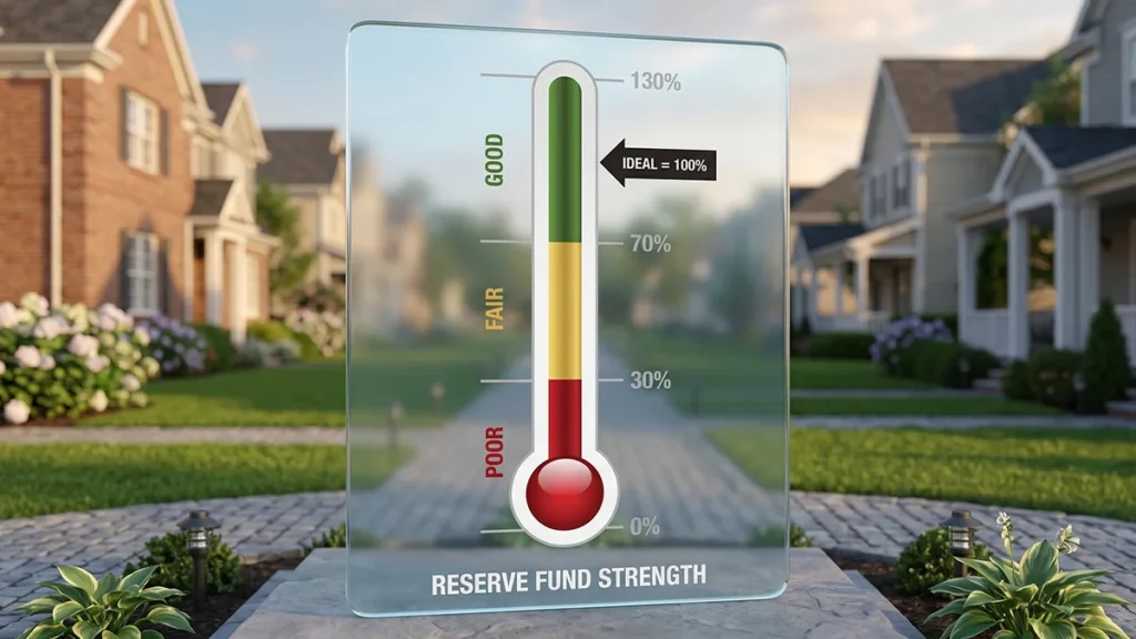 HOA board infographic calculating Percent Funded to measure reserve fund strength