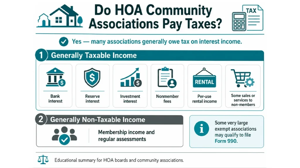 Infographic showing that HOA community associations generally pay taxes on bank, investment, and reserve interest, while regular membership assessments are generally non-taxable