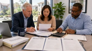 HOA board members reviewing community association tax documents, reserve account statements, and IRS Forms 1120-H, 1120, and 990