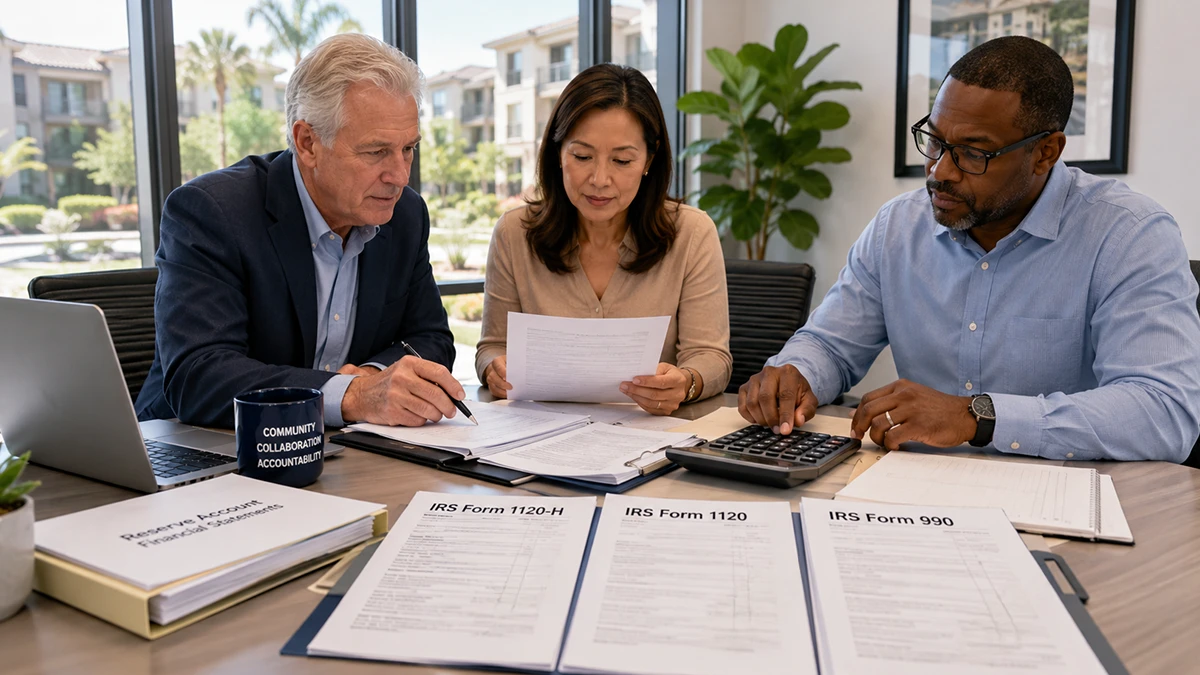 HOA board members reviewing community association tax documents, reserve account statements, and IRS Forms 1120-H, 1120, and 990