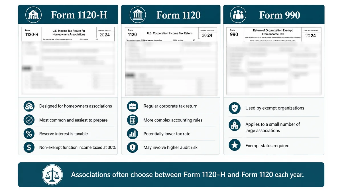 Comparison of IRS Form 1120-H, Form 1120, and Form 990 filing options for homeowners associations and community associations