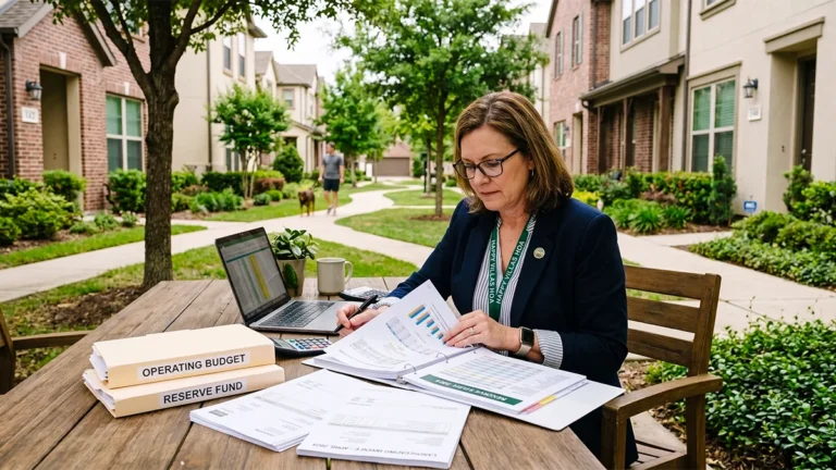 HOA board member reviewing invoices, an operating budget, and a reserve study to decide between reserve expenses and operating expenses