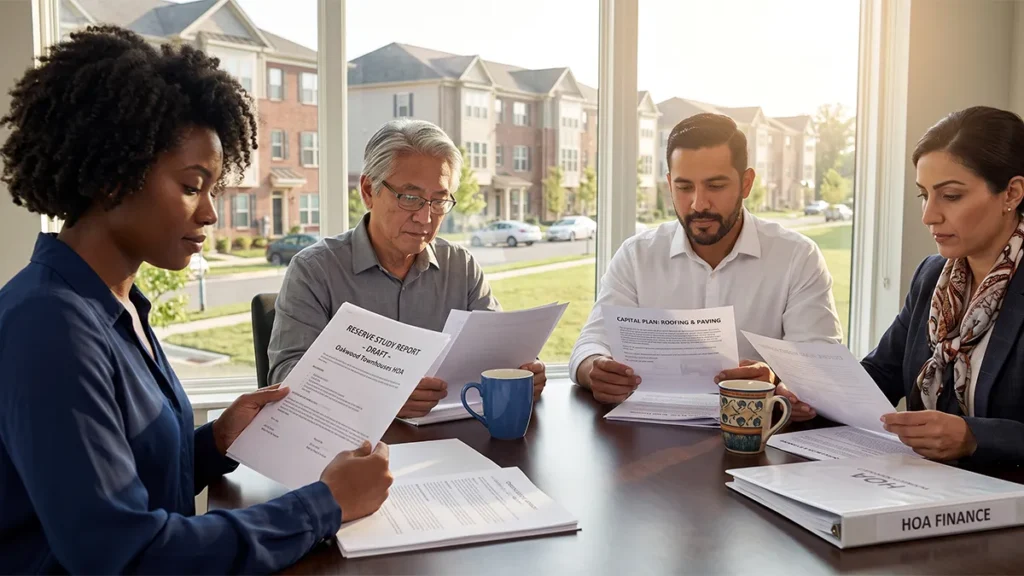 HOA board meeting about reserve fund do’s and don’ts, including deterioration, funding decisions, and homeowner communication