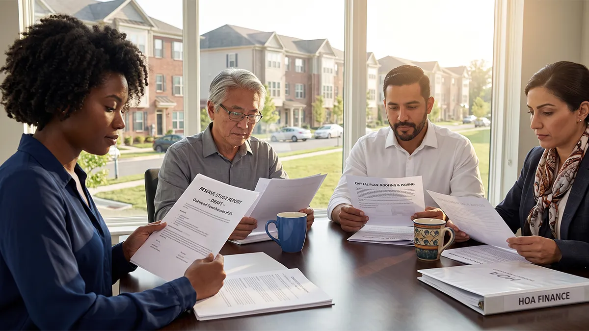 HOA board meeting about reserve fund do’s and don’ts, including deterioration, funding decisions, and homeowner communication