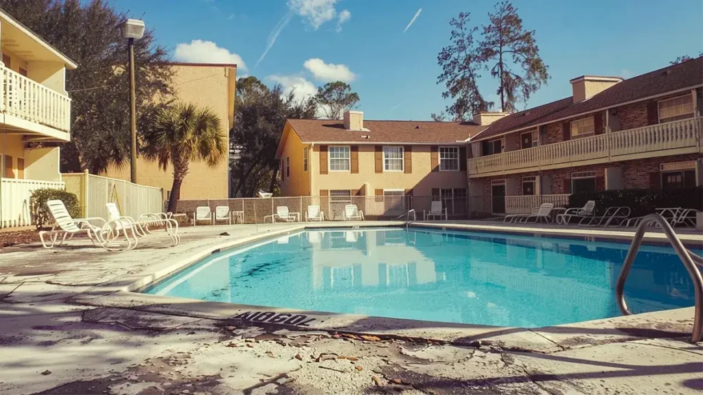 Old HOA community pool needing maintenance as an example of a recreational facility that may be funded by reserves