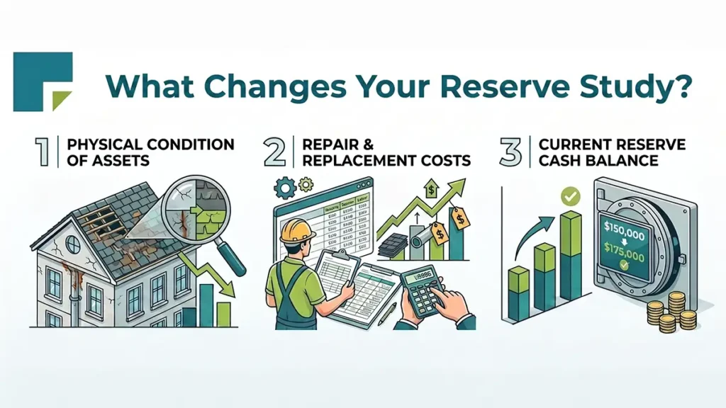 Infographic showing the three things that change an HOA reserve study: physical condition, repair and replacement costs, and current reserve cash balance