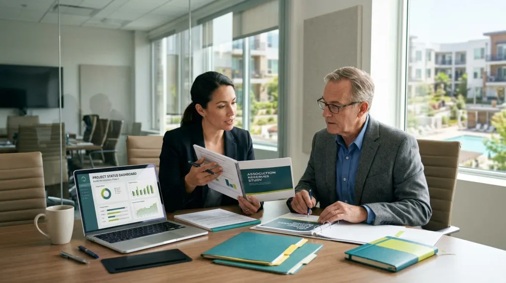 HOA board member and manager reviewing condo eligibility, reserve study, and financial documents