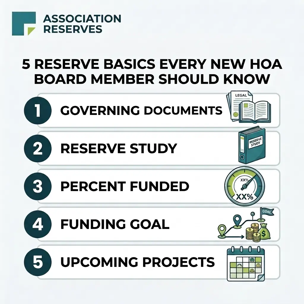 Infographic showing five reserve management basics every new HOA board member should understand