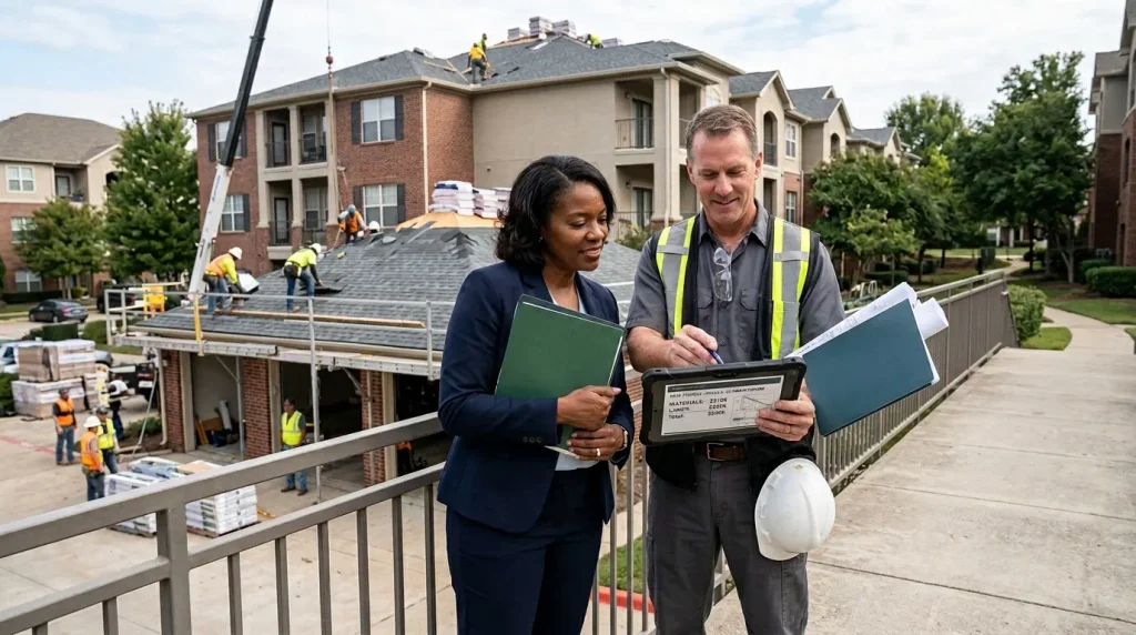 HOA property manager and contractor reviewing costs for a major reserve-funded repair project