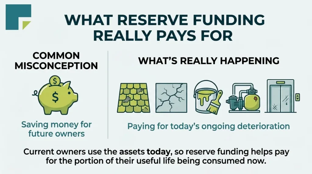 Infographic explaining that HOA reserve funding pays for ongoing deterioration rather than simply saving for future owners