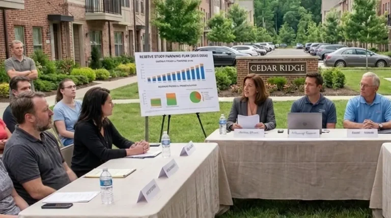 HOA board and homeowners discussing a reserve study and community funding plan
