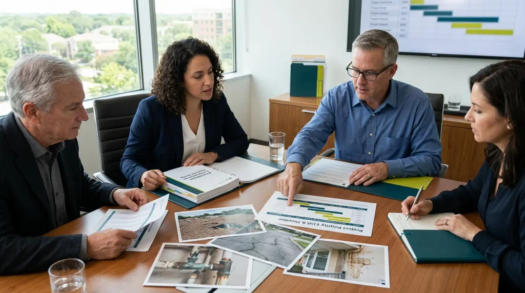 HOA board reviewing aging infrastructure repair priorities and reserve funding plans