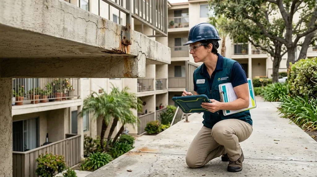 Structural engineer inspecting aging infrastructure at an older condominium community