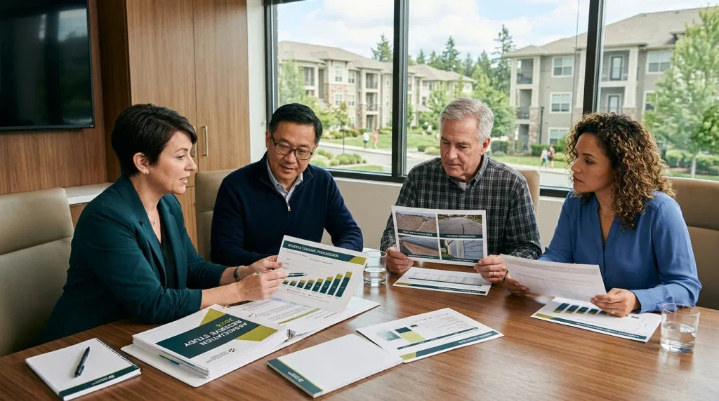 HOA board reviewing reserve fund strength and upcoming repair costs in a reserve study