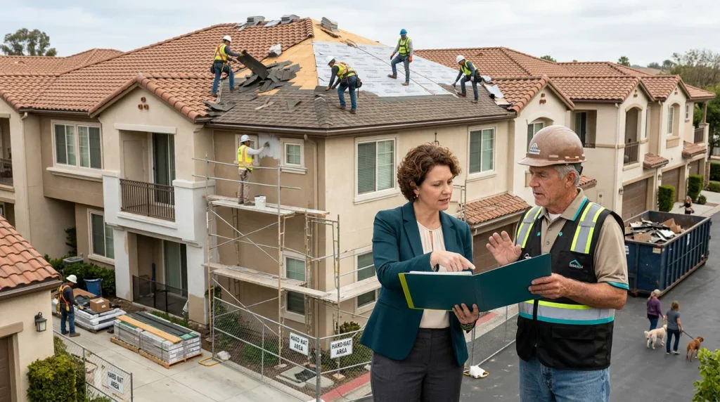 Major HOA capital repair project being reviewed by a property manager and contractors