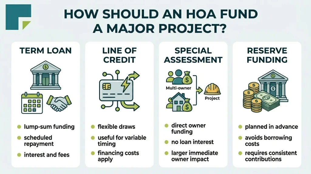 Infographic comparing HOA term loans, lines of credit, special assessments, and reserve funding for major projects