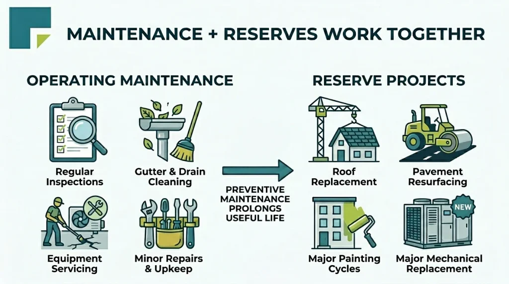 Infographic comparing HOA operating maintenance with major reserve-funded repair and replacement projects