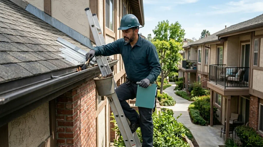 Maintenance professional performing preventive maintenance at an HOA common-area property