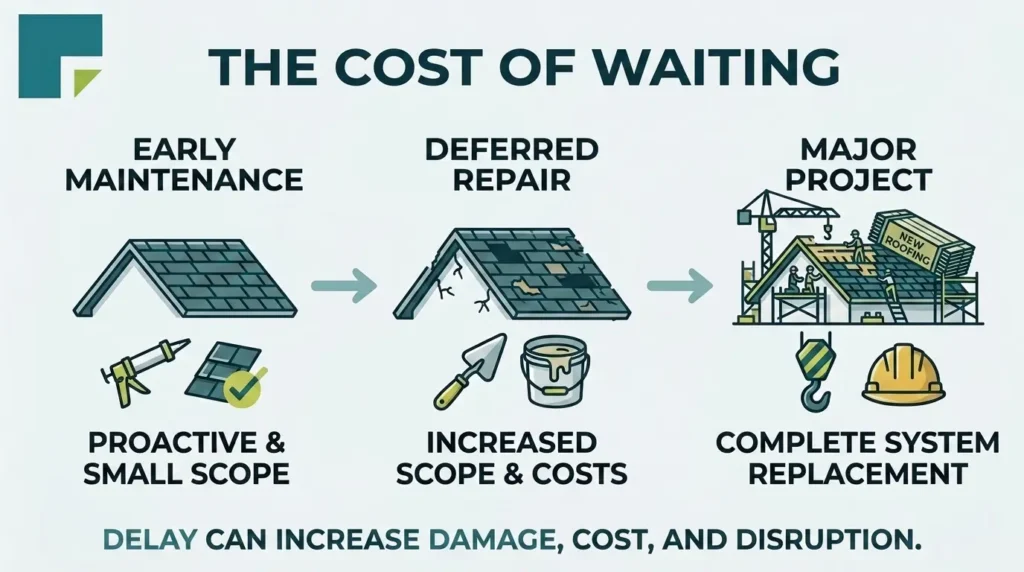 Infographic showing how deferred HOA maintenance can progress from a small repair to a larger and more costly project