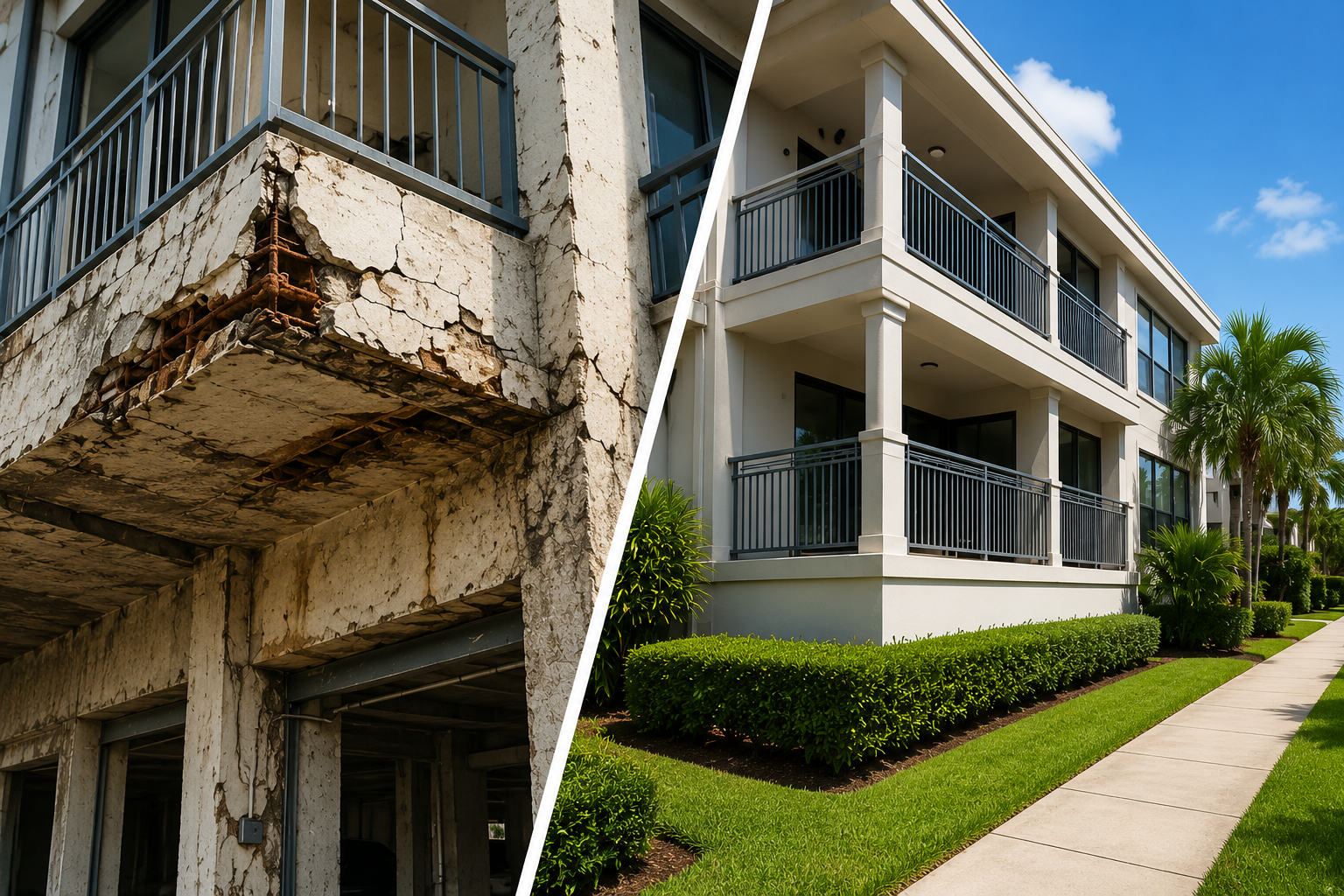 Deteriorated condominium building compared to a well-maintained community property, illustrating how smart reserve planning helps prevent catastrophic failures.