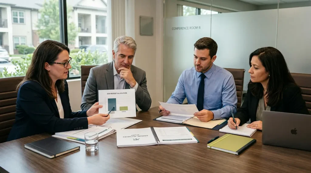 Condominium board members reviewing an association budget and reserve funding plan