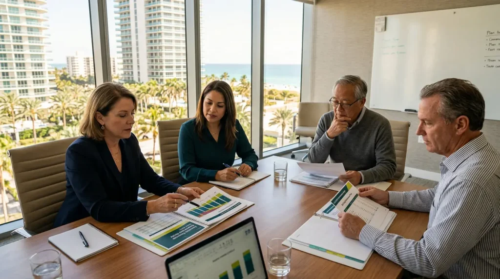 Florida condominium board members reviewing a reserve study and budget for lending and reserve funding requirements