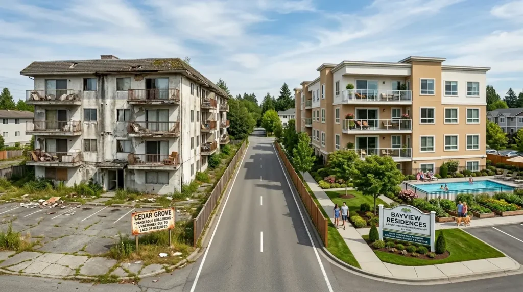 Deteriorated condominium structure compared with a well-maintained community showing the importance of proactive HOA reserve planning
