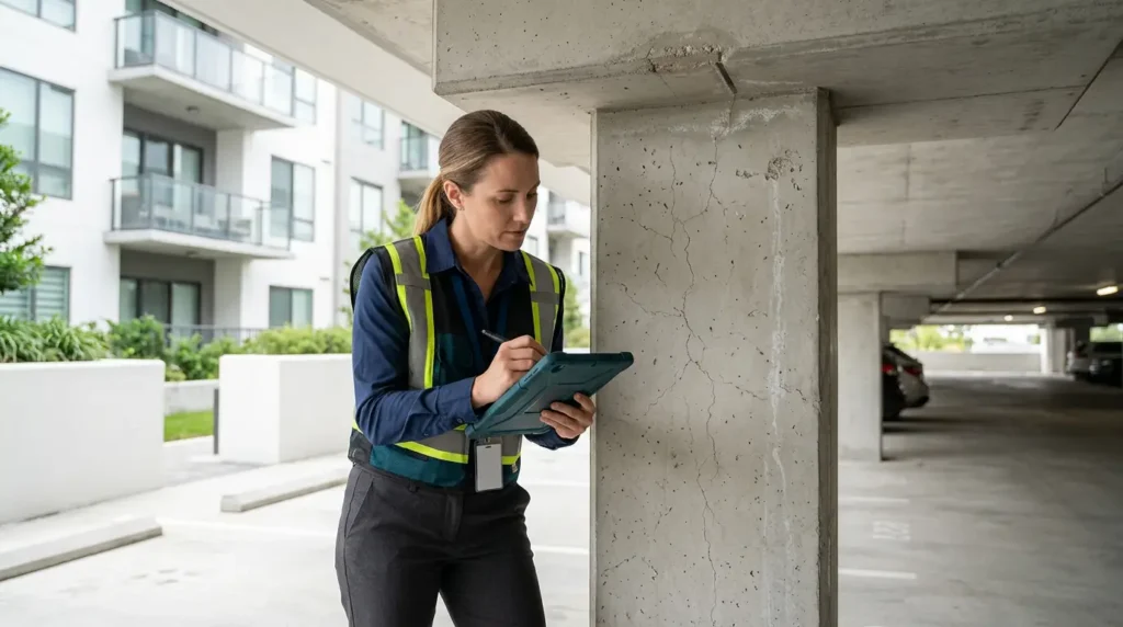 Reserve study professional inspecting early concrete deterioration at a condominium property