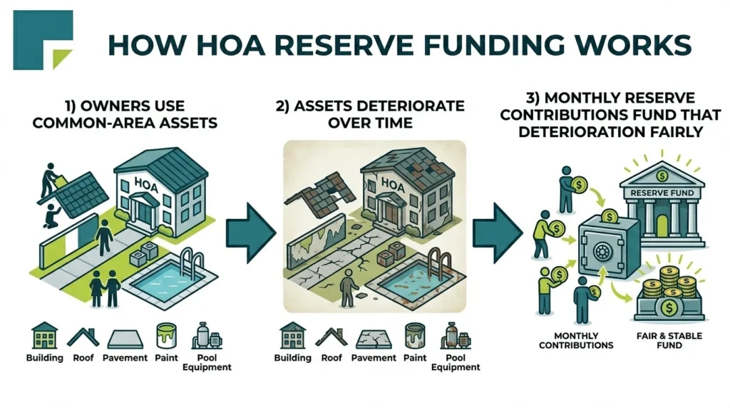 Infographic explaining how HOA reserve funding works by collecting money from current owners to pay for ongoing common-area deterioration.